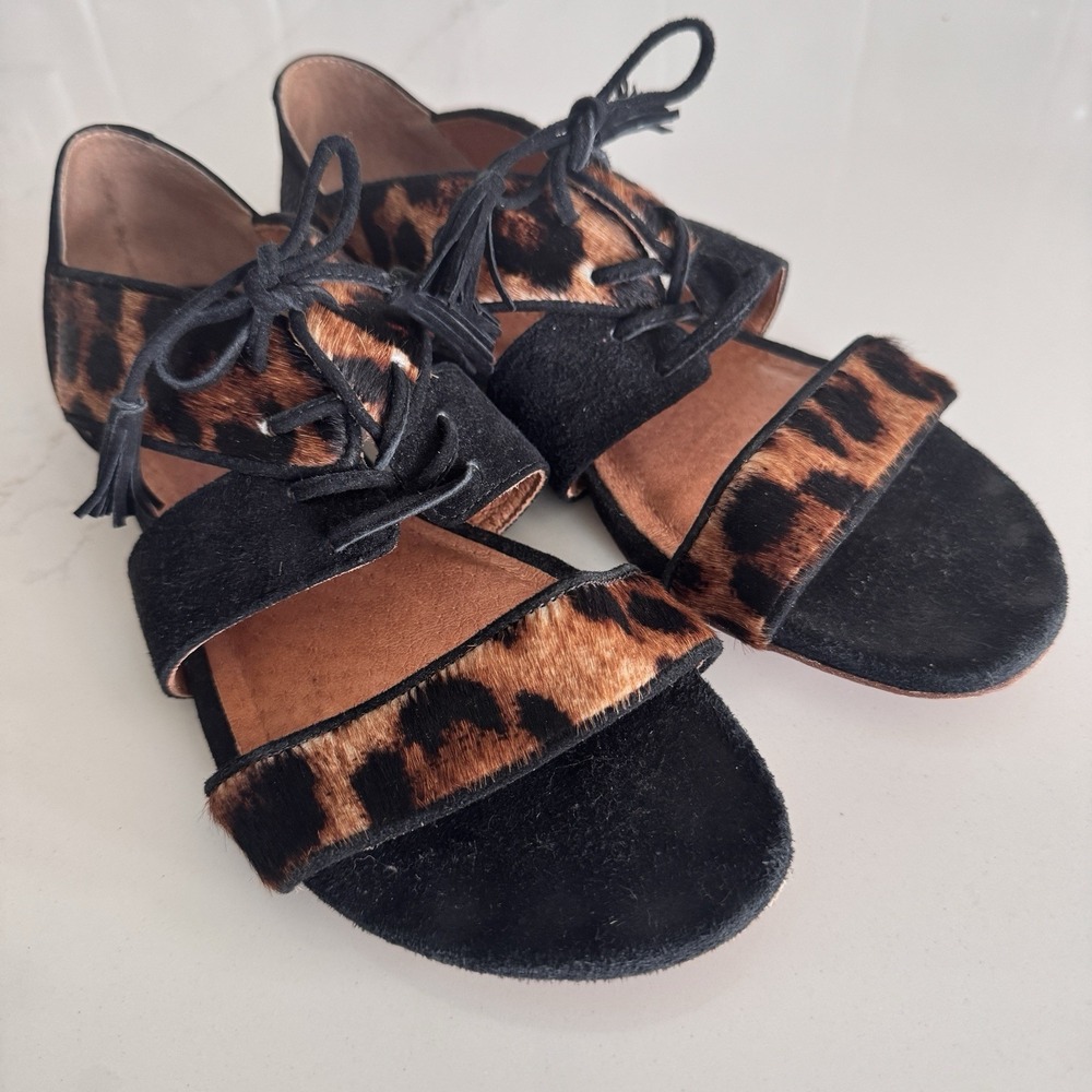 Madewell et Sezane Sandals Leopard Print Calf Hair Lace-Up Women's 7.5